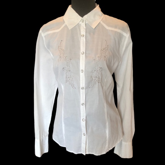 Harley-Davidson Shirt Women Silver White Pearl Snap Closure Embroider Spellout M - Picture 2 of 16